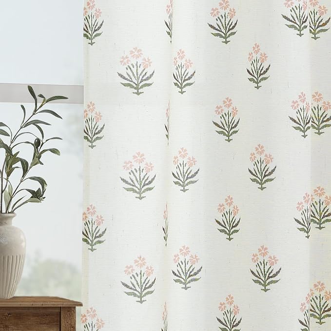 Lino Rosa Pink Short Curtains for Kitchen Window, Boho Farmhouse Sheer Block Print Floral Curtains for Bedroom Girls Bathroom 45 Inch Length