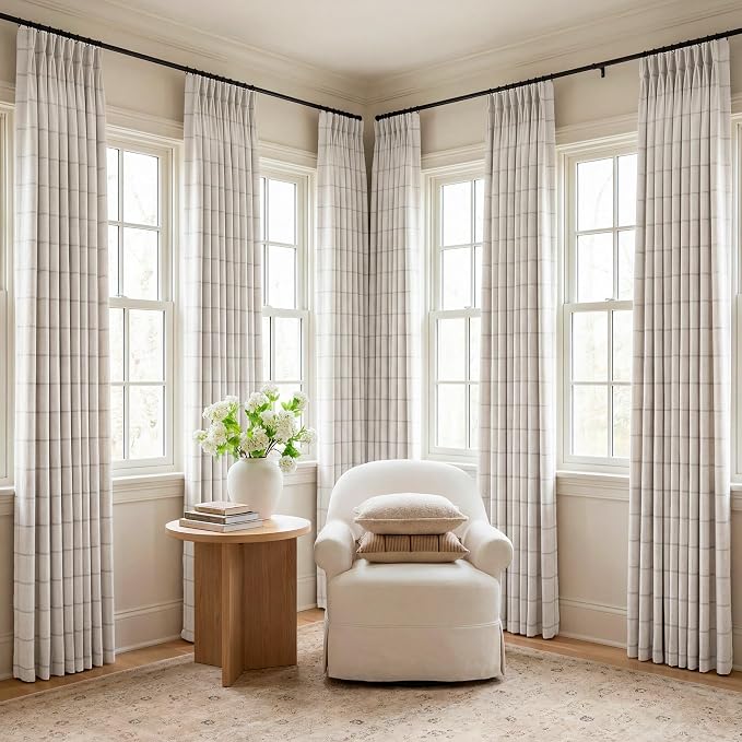 THREE GIRLS Pinch Pleated Plaid Curtains Blackout Linen Gingham Grey Curtains for Living Room,Bedroom Checkered 84 Inches Long Double Layer 2 Panels Set Luxury and Modern Printed Design Darkening