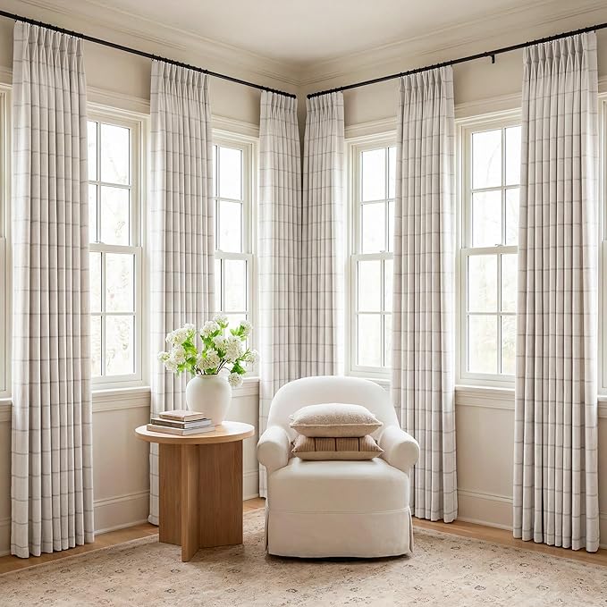 THREE GIRLS Pinch Pleated Plaid Curtains Blackout Linen Gingham Grey Curtains for Living Room,Bedroom Checkered 95 Inches Long Double Layer 2 Panels Set Luxury and Modern Printed Design Darkening