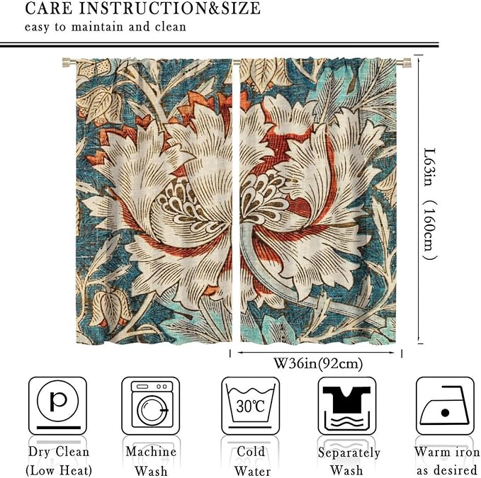 William Morris Plant Floral Blackout Window Curtains, Bohemian Vintage Rustic Flowers William Morris Art Style Window Drapes, for Bedroom Living Room 72x63in