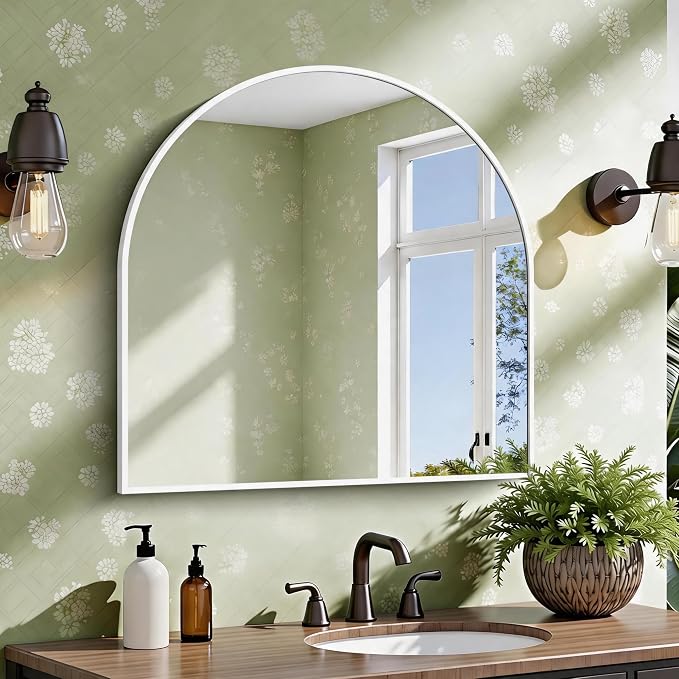 CIRCUMI Arched Wall Mirror, 30"x30" White Arched Mirror with Tempered Glass, Metal Frame, Large Size for Entryway Table, Mantel,Living Room,Over Sink,Arch Mirror for Decor,Shatterproof&Crystal-Clear