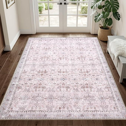 Sasttie 3x5 Rug, Ultra-Soft Washable Rug, Low Pile Foldable Thin Carpets with Non-Slip Backing, Skin-Friendly Stain Resistant Carpet for Living Room, Bedroom, Kitchen, Dorm, 3x5, Pink