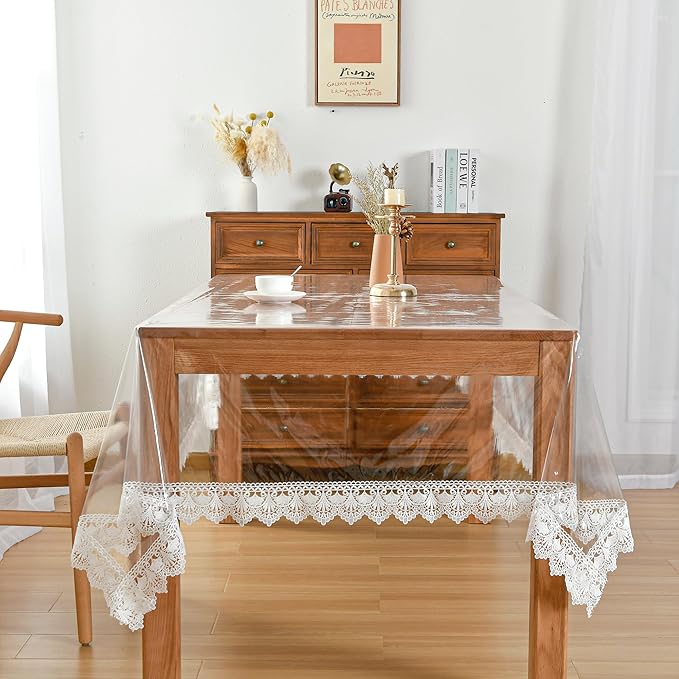 JIUZHEN Clear Vinyl Tablecloth Protector, Waterproof/Oil-Proof, Transparent Lace Trim Table Cloth for Dining, Easy Wipe Clean, Plastic Square Transparent Sheet Table Cover, 54"x54"