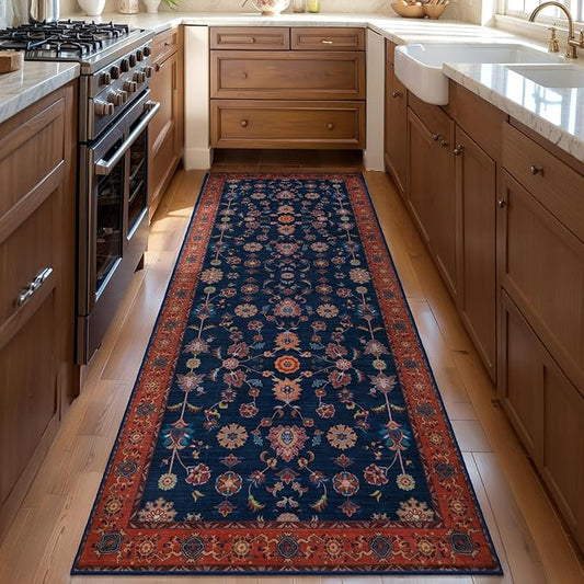 Tangsoo 2x8 Washable Runner Rug for Hallway Non Slip, Boho Floral Vintage Red Blue Carpet Long Runner Rugs for Entryway Kitchen, Floor Low Pile Runners for Laundry Bedroom Alfombra Farmhouse