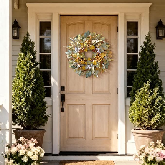 WANNA-CUL 22 Inch Eucalyptus Fall Front Door Wreath Harvest Farmhouse Decor | Year Round Vintage Artificial Greenery Autumn Wreath with Mixed Berries Indoor Outdoor Table Centerpiece Thanksgiving Decor