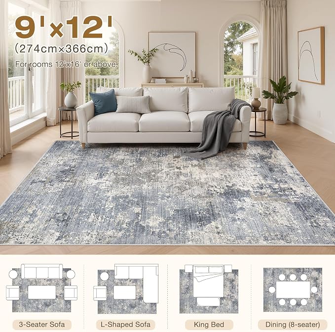 9x12 Area Rugs for Living Room - Washable Living Room Rug Large Abstract Modern Neutral Soft Carpet with Non-Slip Backing, Stain Resistant for Bedroom Dining Decor (Light Denim Blue)