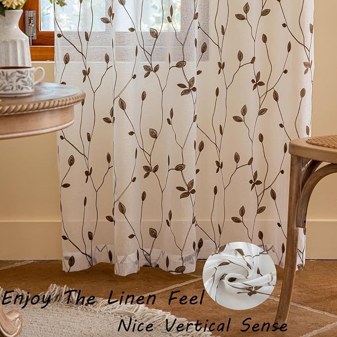 AmHoo 2 Panels Embroidered Leaf Pattern Semi Sheer Curtains Foliage Floral Voile Window Draperies Treatment for Bedroom Living Room Rod Pocket White Brown 53 x 84 Inch