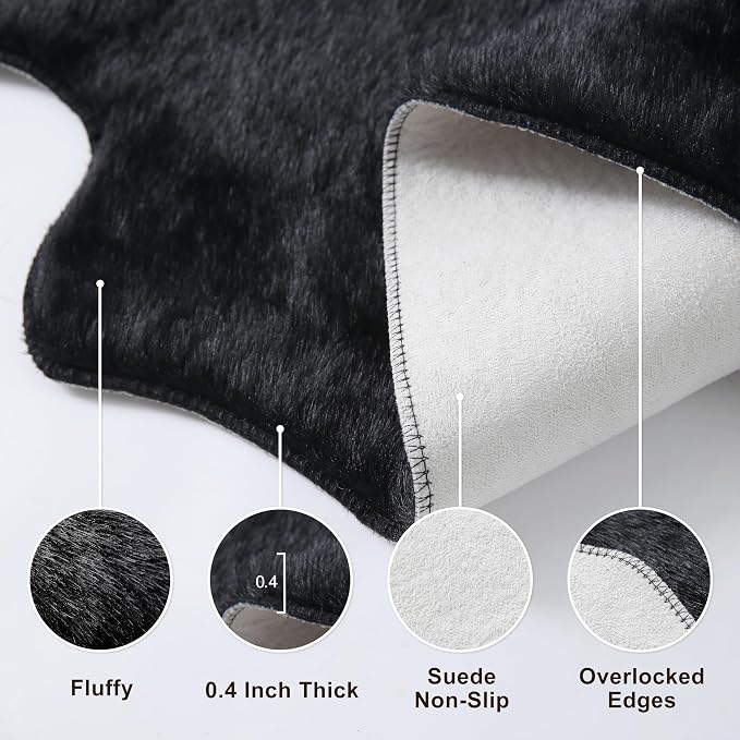 Black Faux Fur Cowhide Rug, Cow Hide Cow Print Rug for Living Room Bedroom 4.6x5.2 Feet - Animal Print Cow Skin Rustic Western