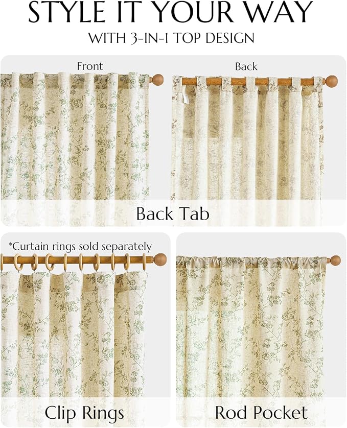 jinchan Green Floral Linen Curtains 84 Inch Farmhouse Back Tab 2 Panels | Flower patterned drapes, french country, light filtering, semi sheer, printed, privacy, bedroom, living room, home decor