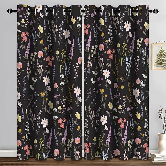 Boho Floral Blackout Curtain, Colorful Flower Leaves Nature Botanical Black Window Curtains Darkening Thermal Insulated Grommet Window Drapes for Living Room Bedroom Decor 2 Panels 52x84 Inches