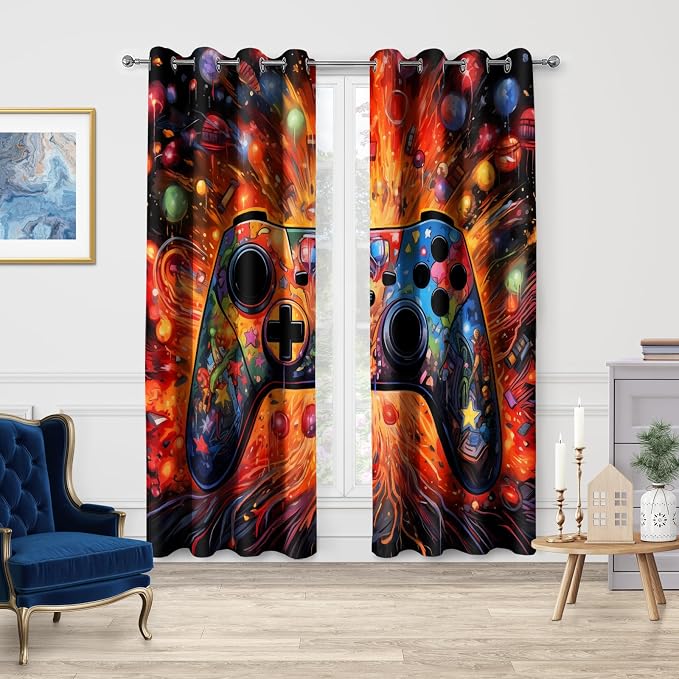 Jekeno Gaming Blackout Curtains Colorful Video Game Graffiti Gamepad Print Drapes Decor Playroom Bedroom Home Apartment Living Room Darkening Grommet Window Treatments 2 Panels Set,42x54 Inch