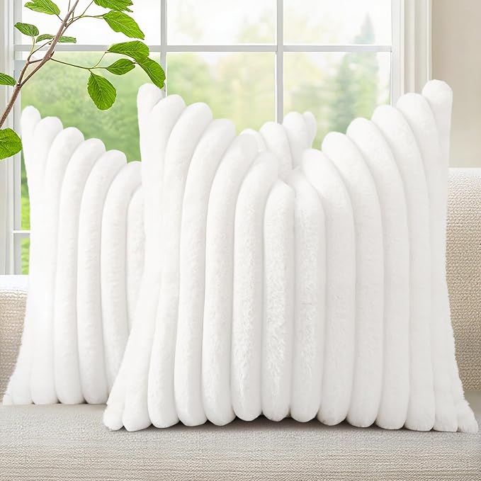 decorUhome Fall Cozy Faux Fur Throw Pillow Covers 18x18 Set of 2 Decorative Soft Plush Striped Modern Farmhouse Boho Couch Pillow Cases with Velvet Back for Sofa Bed Living Room, White