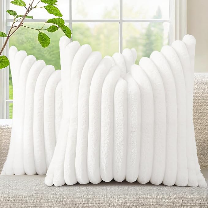 decorUhome Fall Cozy Faux Fur Throw Pillow Covers 26x26 Set of 2 Decorative Soft Plush Striped Modern Farmhouse Boho Couch Euro Sham Pillow Cases with Velvet Back for Sofa Bed Living Room, White