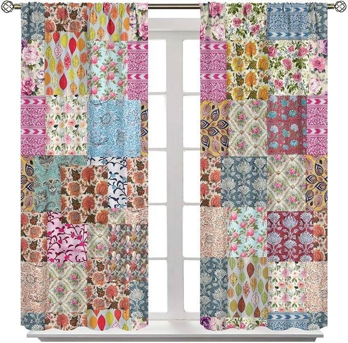 Boho Patchwork Blackout Curtains Farmhouse Patchwork Quilted Country Check Plaid Print Window Drapes for Bedroom Living Room Kitchen Cafe （W42xL84 Inch） x2 Panels