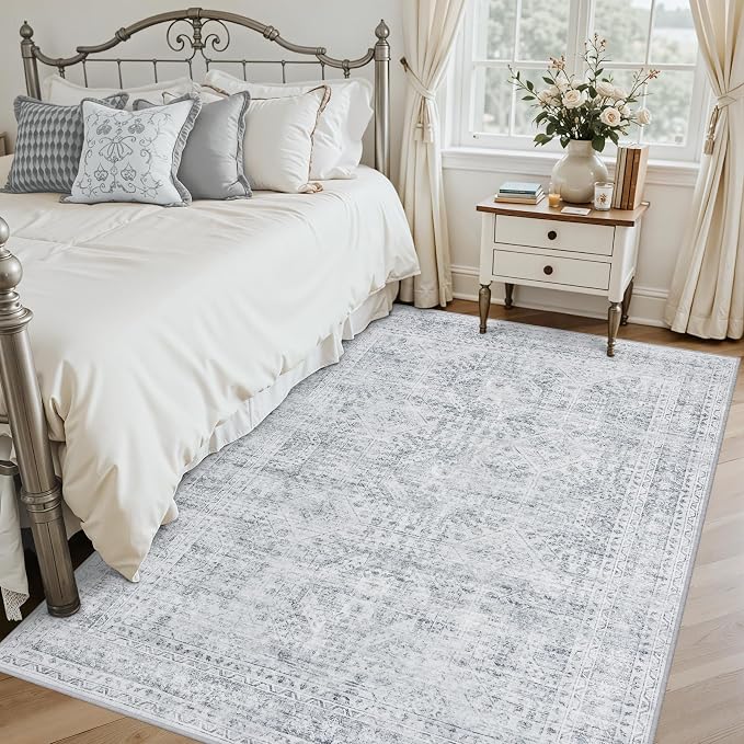 3x5 Area Rugs for Living Room: Vintage Boho Neutral Washable Rug Indoor Soft Large Area Rug Carpet for Bedroom Nursery Farmhouse Dining Room Office Floor Non-Slip Low Pile Under Table Rug Gray