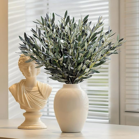 Bailikang 8PCS Premium Artificial Olive Branches for Vases - Realistic PU & Silk Faux Greenery Stems, 3 Sizes, Bendable Wire Stems, Low Maintenance Home/Office/Holiday Decor(No Vase