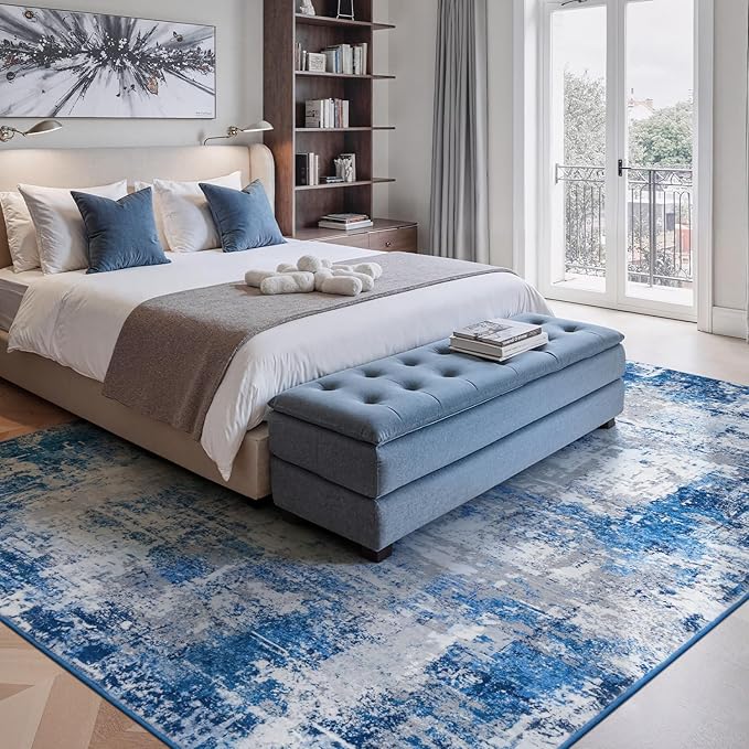 Rugflix 8x10 Area Rugs for Living Room, Washable Large Rug Stain-Resistant Low Pile, Modern Dark Carpet for Dining Room Home Office Kid Room Nursery Bedroom, Blue Grey