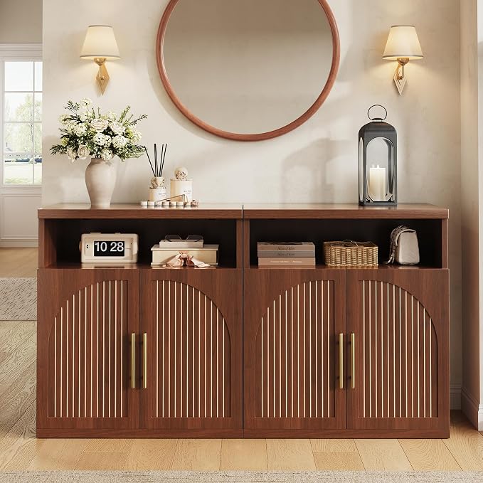 Fluted Buffet Cabinet with Storage, 31.5" Wide Wood Sideboard Credenza with Open Storage Shelf & Adjustable Shelves, Modern Kitchen Entryway Accent Table for Dining Room Living Room Hallway, Walnut