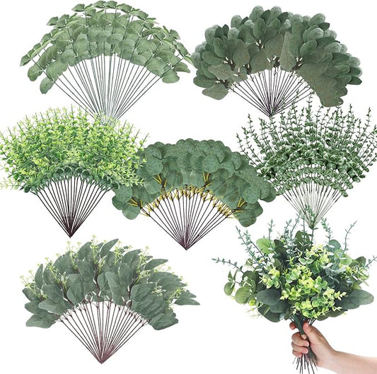 Ceenna 300 Pcs 6 Kinds Mixed Greenery Stem Artificial Faux Eucalyptus Leaves Silver Dollar Eucalyptus Picks and Sprays for Vase Dried Fake Greenery Filler Leaves Bundle for Wedding Floral Arrangement