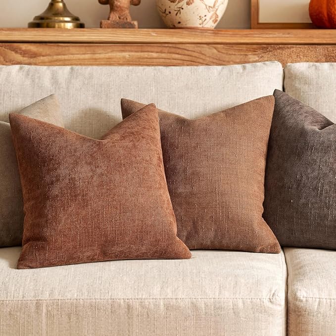 MIULEE Pack of 2 Decorative Throw Pillow Covers Soft Chenille Throw Pillows Solid Textured Euro Cushion Covers for Couch Sofa Bedroom Living Room 24x24 Inch, Dark Rust