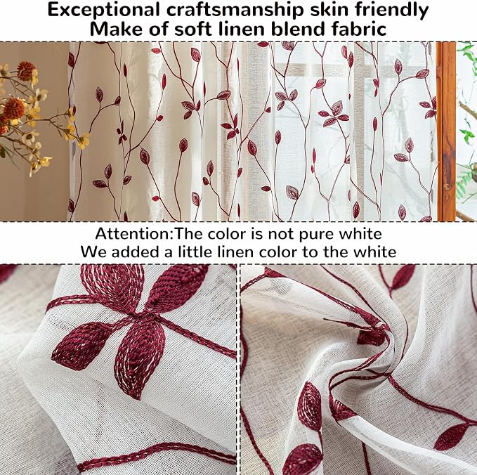 AmHoo 2 Panels Embroidered Leaf Pattern Semi Sheer Curtains Foliage Floral Voile Window Draperies Treatment for Bedroom Living Room Rod Pocket White Burgundy 53 x 84 Inch