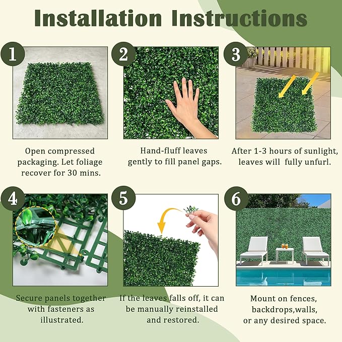 Sunnyglade 12 Pieces 20"x 20" Artificial Boxwood Panels Topiary Hedge Plant, Privacy Hedge Screen Sun Protected Suitable for Outdoor, Indoor, Garden, Fence, Backyard and Decor (12PCS)
