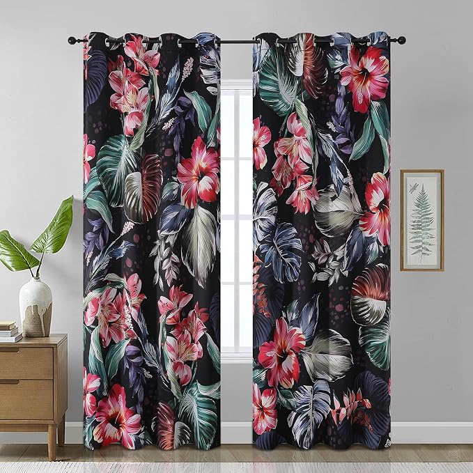Estelar Textiler Boho Floral Thermal Insulated Blackout Curtains for Bedroom 96 inch Long 2 Panels，Garden Flowers and Leaf Farmhouse Mid Century Black Out Grommet Drapes for Living Room，52Wx96L