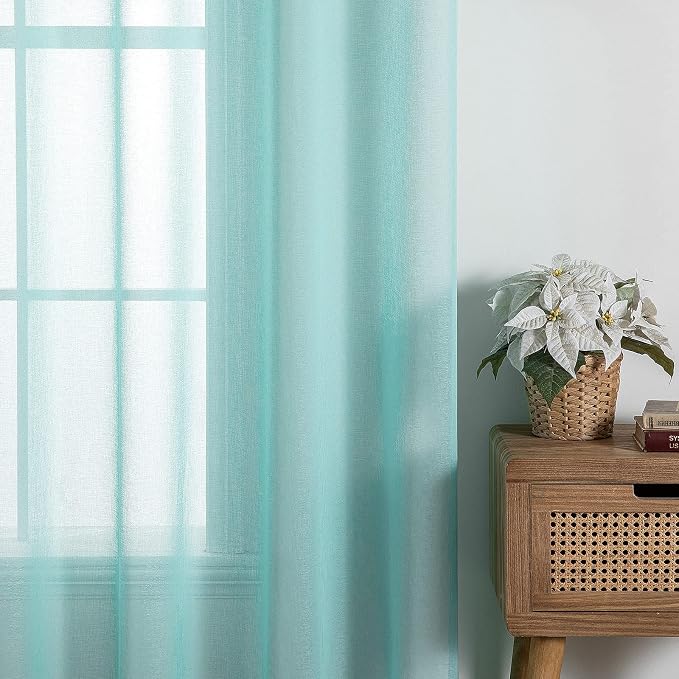 MIULEE 2 Panels Turquoise Semi Sheer Window Curtains 84 Inch Length Elegant Grommet Top Window Treatments Linen Textured Voile Drapes for Bedroom Living Room Aqua Blue Decor (37X84 Inches)