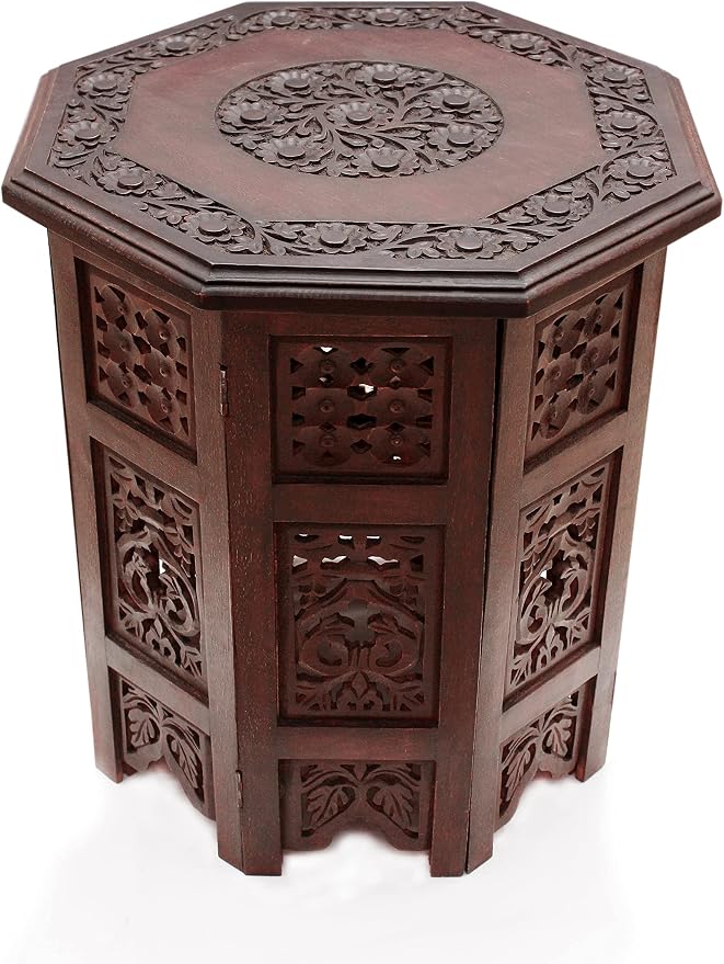 COTTON CRAFT Solid Wood Accent End Table - Hand Carved Vintage Boho Folding Side Table - Small Spaces Entryway Farmhouse Living Room Bedside - No Tools Assembly - 18x18 Octagon - Brown