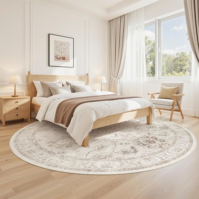 Madane Washable Round Rug 8ft for Living Room, Soft Ultra-Thin Non-Slip Vintage Floral Circle Area Rug, 8x8 Round Throw Carpet for Dining Room Nursery Bedroom Kitchen (Brown/Ivory, 8'Round)