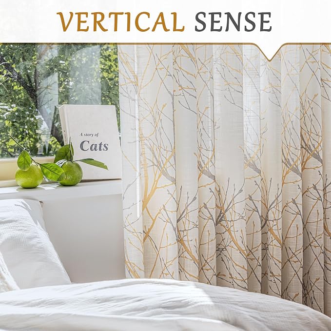 FMFUNCTEX Linen Semi Sheer Curtains for Bedroom, Yellow White Curtains 96 Inches Long for Living Room, Grey Tree Branch Print Curtain Light Filtering Farmhouse Window Drapes, Grommet Top 2 Panels