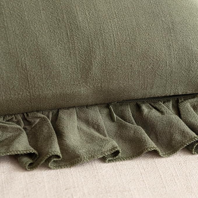 Foindtower Set of 2 Decorative Linen Fringe Ruffle Throw Pillow Covers Soft Boho Farmhouse Cushion Cover Cozy Accent Retro Pillowcase for Couch Sofa Bed Living Room Home Decor,24×24 Inch,Olive Green