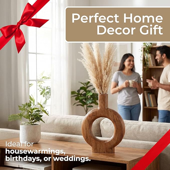 Mango Wood Decorative Vase – Table Decor Flower Holder, Living Room Tabletop Decor, Modern Donut Design Vase Accent for Circle Table Home Decor – 18", Brown