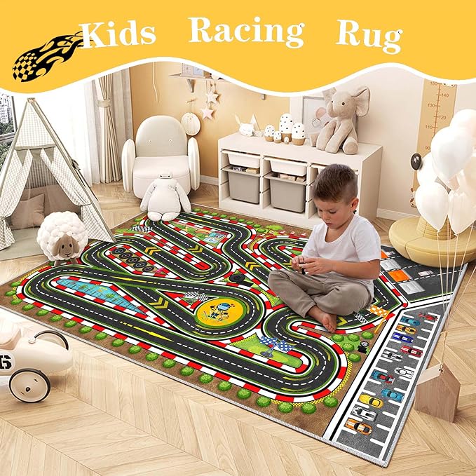 Kids Racing Rug 63''X94'' Car Road Kid Rug Carpet Playmat for Playoom Traffic Road Kid Play Mat for Bedroom，Kids Educational City Traffic Road map Fun Carpet (Brown)
