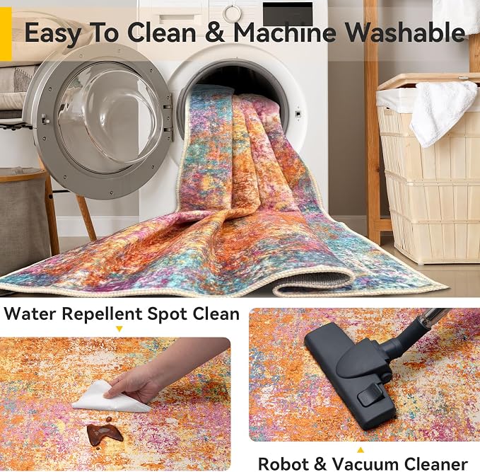 RELEANY Washable Area Rugs 2'x3' Non-Slip Modern Abstract Soft for Living Room Entryway Bedroom Kitchen, Print Pattern, Orange Blue Pink Yellow Colorful