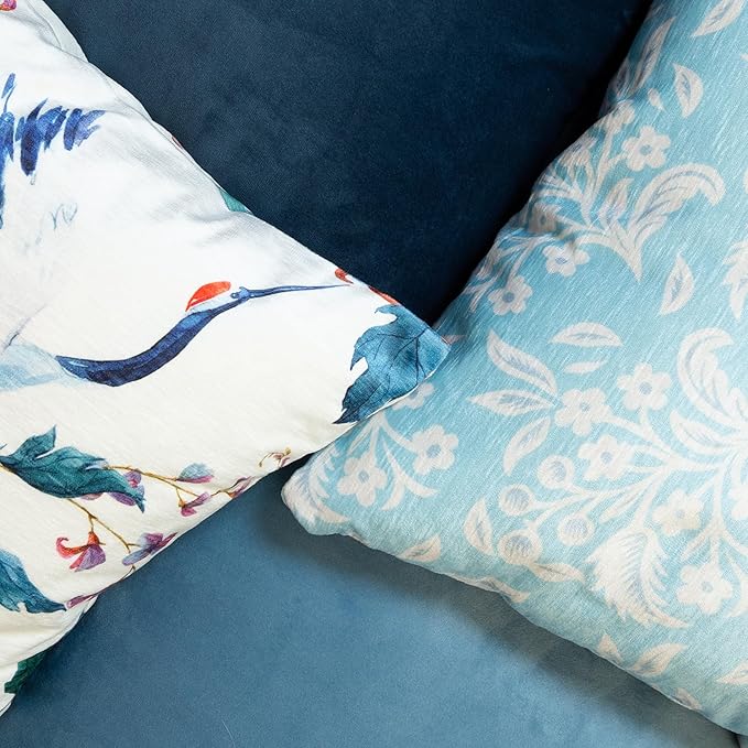 Decorative Throw Pillow Set of 4, 18" x 18" Colorful Blue Floral Accent Pillow Covers, Velvet Crane