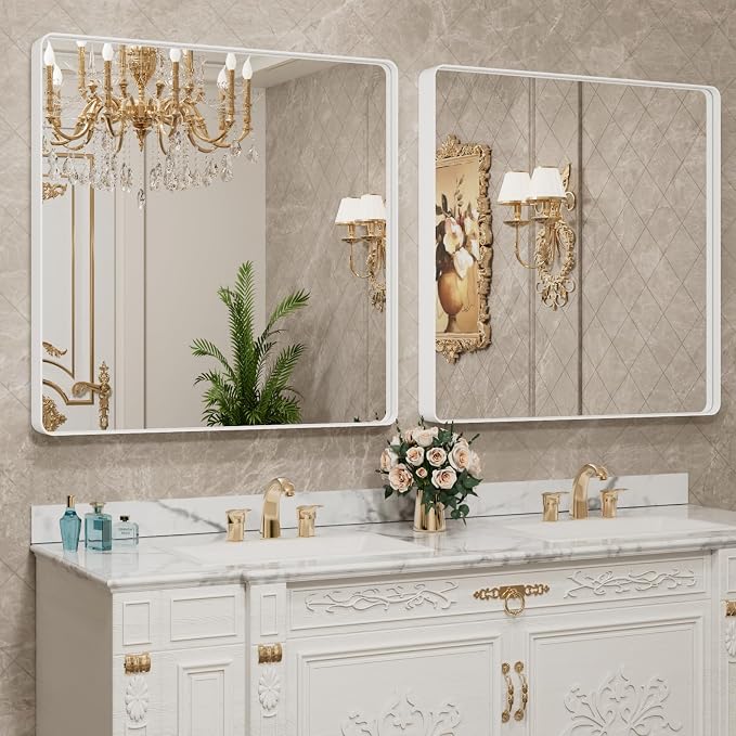 LOAAO 30x30 Inch White Metal Framed Bathroom Mirror for Wall, White Bathroom Vanity Mirror Farmhouse, Large Rounded Rectangle Mirror, Anti-Rust, Hangs Horizontally or Vertically