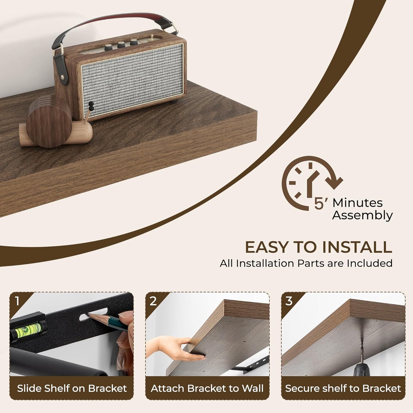 RICHFOCUS 72Inch Floating Shelves for Wall 2 Pack Shelves for Bedroom|Kitchen|Bathroom Wall Mounted Rustic Wood Floating Shelf with Invisible Brackets for Books|Storage|Decor, Walnut