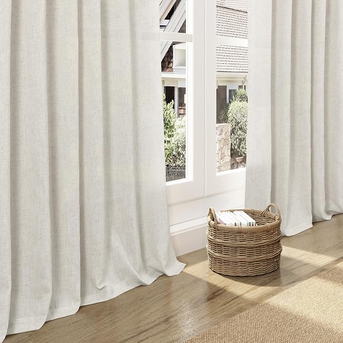 Nanspring Mousse White Linen Curtains for Living Room 72 Inches Long Luxury Light Filtering Semi Sheer Curtain Back Tab Simple Modern Elegant Coastal Decor Drapes for Bedroom Office 52x72, 2 Panels
