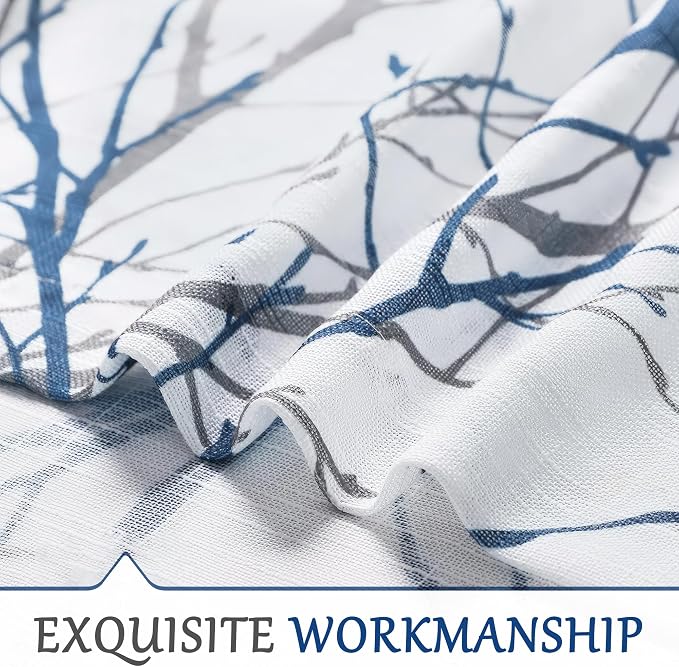 FMFUNCTEX Blue White Sliding Glass Door Curtain 84 Inches Long Branch Tree Print 100 Inch Extra Wide Linen Semi Sheer White Grommet Curtain for Living Room Patio Door Room Divider Curtain 1 Panel