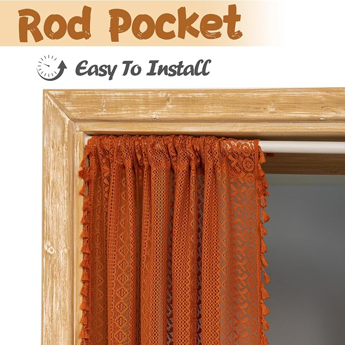 Sutuo Home Terracotta Boho Doorway Curtains for Front Door Closet,Lace Sheer Door Curtains for Doorway Crochet Vintage Chic Tassels Orange Bohemian Privacy Temporary Room Divider Rod Pocket,37" x 80"