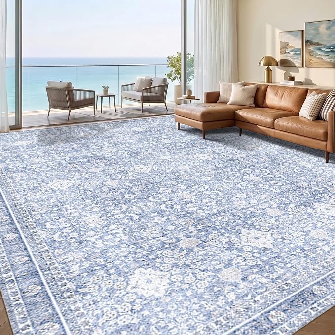 Sasttie 9x12 Area Rug, Ultra-Soft Washable Rug, Low Pile Foldable Thin Carpets with Non-Slip Backing, Skin-Friendly Stain Resistant Carpet for Living Room, Bedroom, Kitchen, Dorm, 9x12, Light Blue
