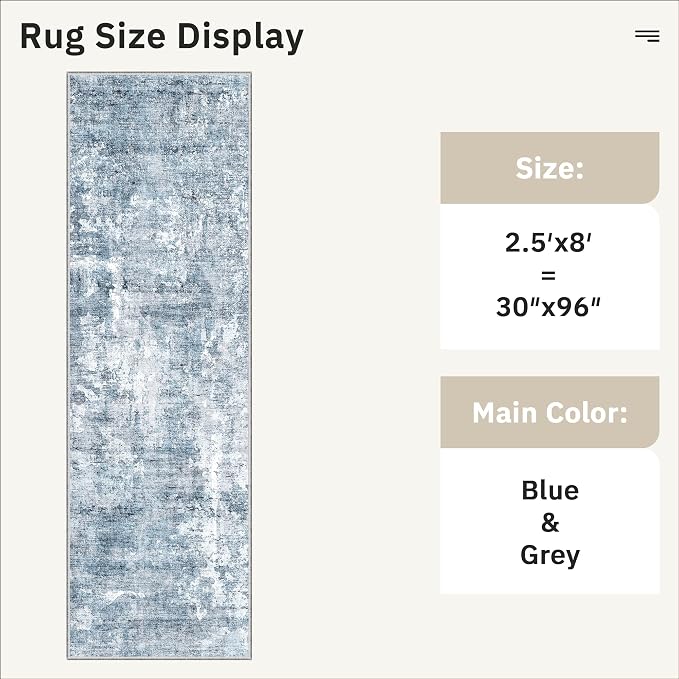 Soalmost Washable Runner Rug, 2'6" x 8' Non-Slip Kitchen Vintage Foldable Hallway Runners for Entryway, Laundry, Bedroom, Blue