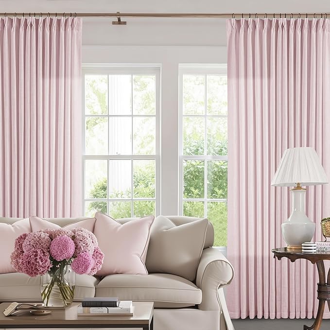 TWODRAPES Pinch Pleated Pink Linen Curtains 120 Inches Long for Girls Bedroom Living Room Light Filtering Extra Long Pleated Semi Sheer 120 Inch Curtains Drape Window Panels Pink Blush Babys Nursery