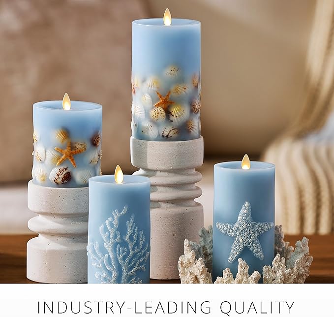 Luminara Flameless LED Candle Soft Chambray Embedded Seashell & Starfish Moving Flame Pillar Unscented Real Wax with Recessed Edge (4.5-inch)