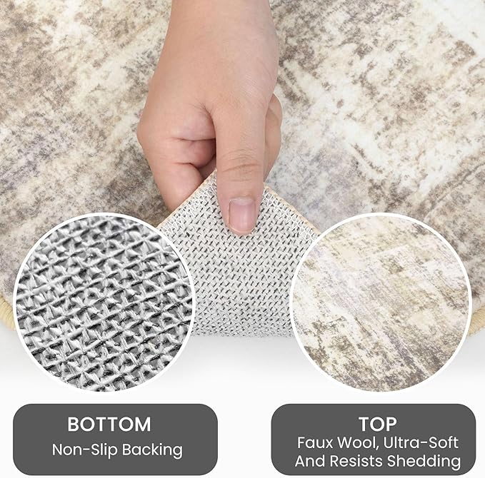 IOHOUZE Abstract Area Rug 4x6 Ft Washable Rugs for Entryway Indoor, Non Slip Small Living Room Rugs Printed Faux Wool Throw Rug, Floor Carpet for Kitchen Nursery Playroom, Beige Brown