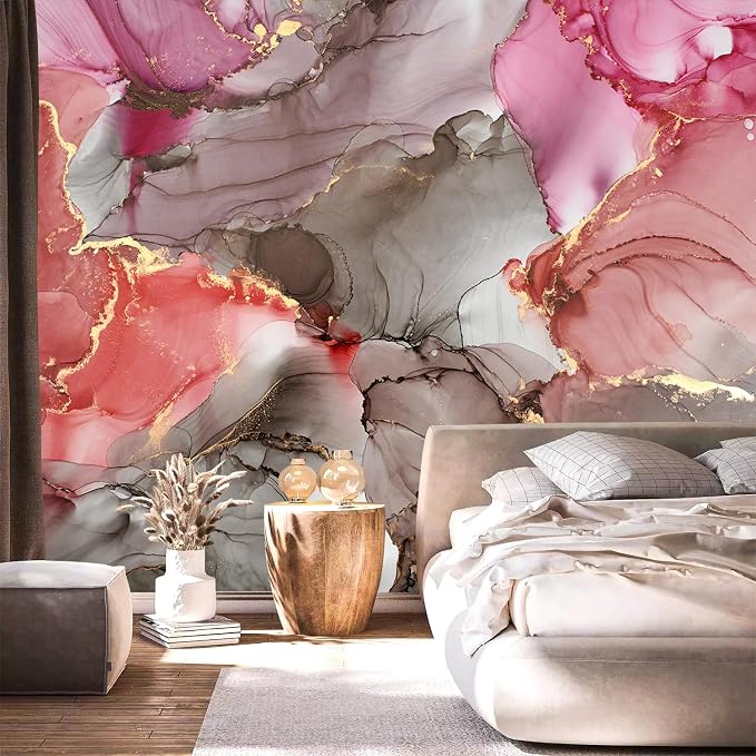 YQWDMX - Pink Marble Peel and Stick Wallpaper with Modern Abstract self-Adhesive Mural for Bedroom ZY14 M