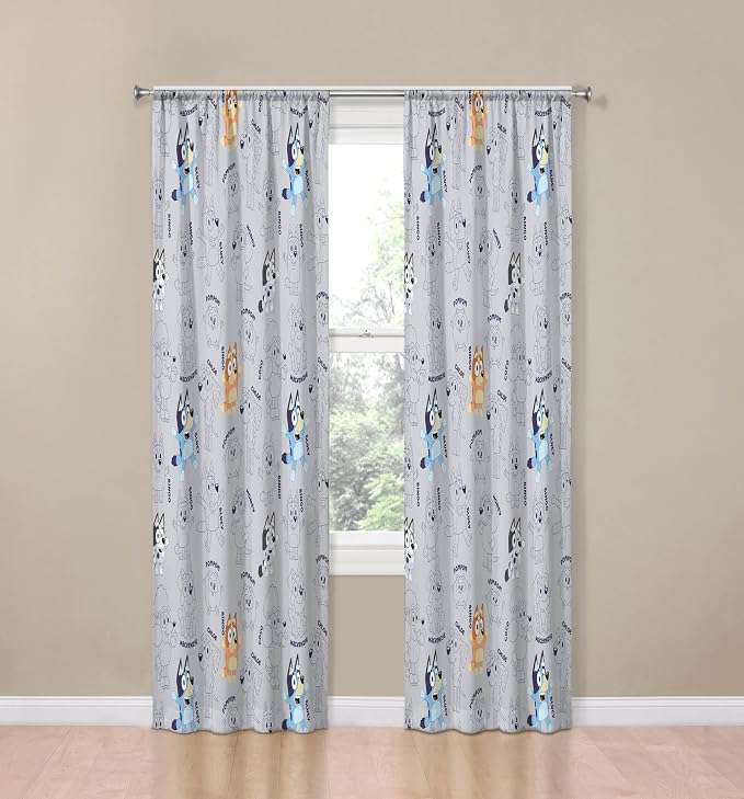 Jay Franco Window Curtains for Kids Bedroom 4-Piece Drape Set with 2 Tiebacks, Grey - Bluey, 42" W x 84" L (Pack of 2)
