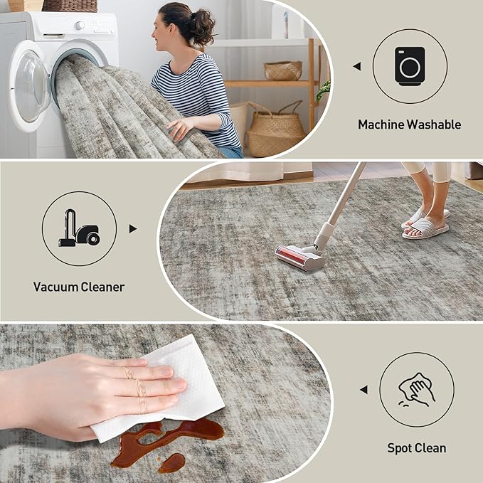 9x12 Area Rugs Washable Rug: Modern Abstract Living Room Rug Soft Anti-Skid Thin Carpet Indoor Floor Non-Shedding Carpets for Bedroom Dining Room Farmhouse Nursery Home Office Brown Black