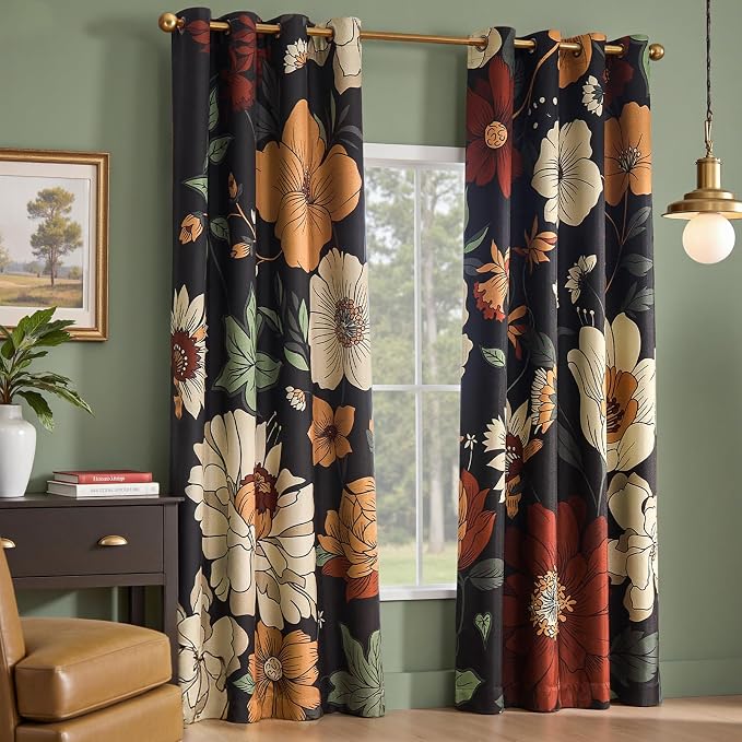 jinchan Lora Floral Curtains for Bedroom Blackout Drapes for Living Room Darkening Fabric Vintage Black Boho Flower Pattern Fall Decor Window Curtains 96 Inches Length 2 Panels with Grommet
